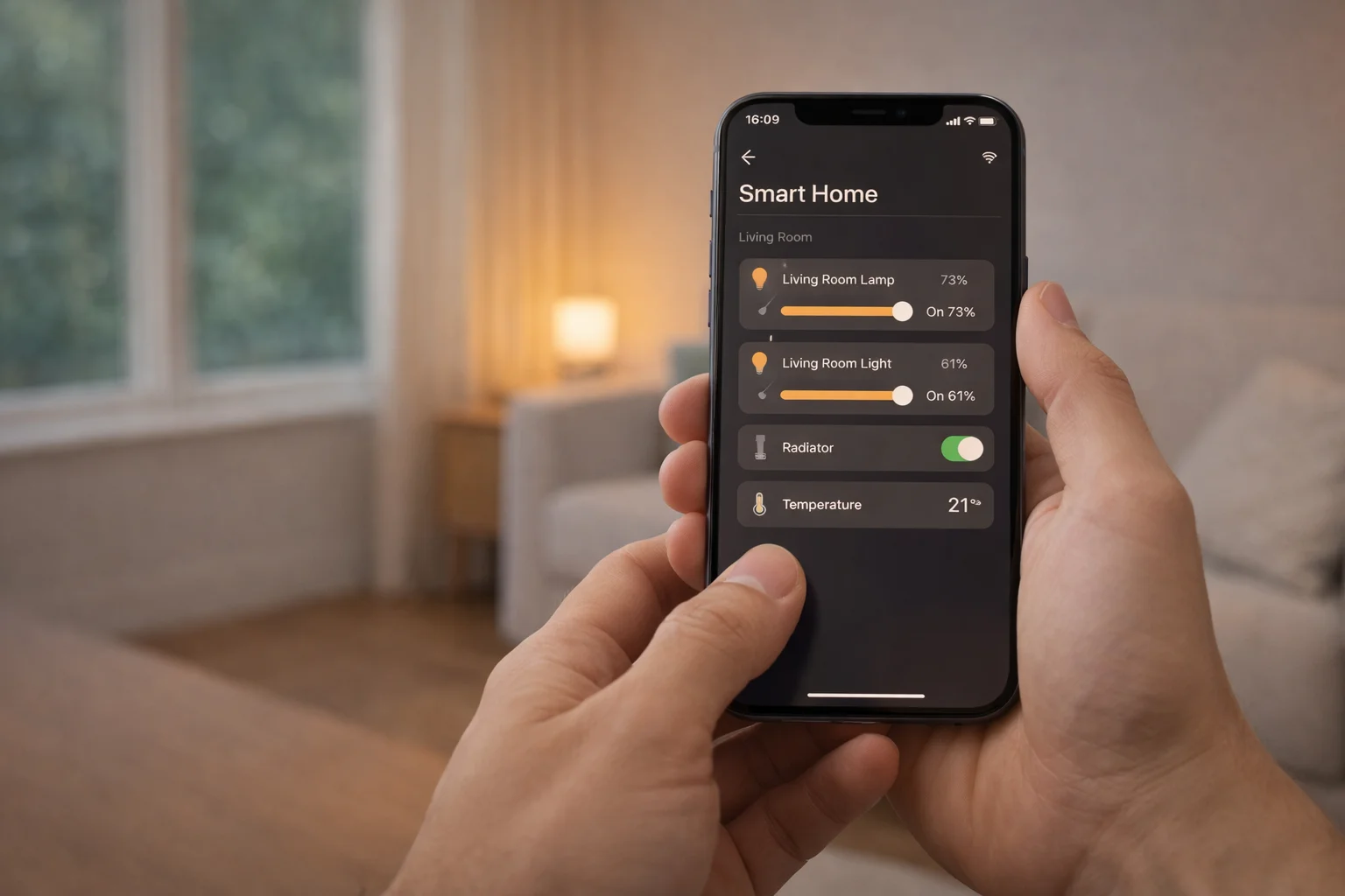 Ampoule connectée au-dessus d'un îlot de cuisine avec smartphone en main