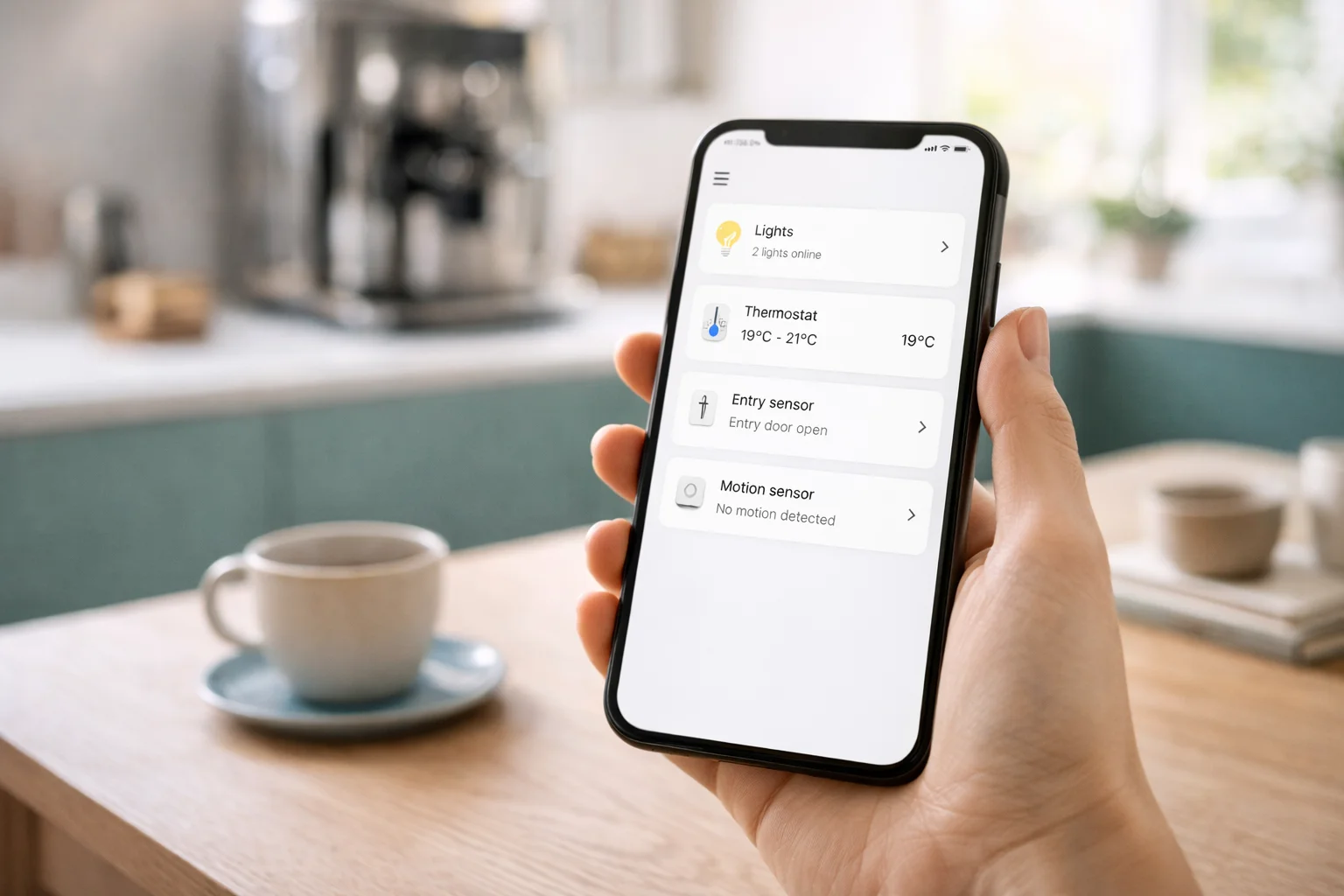 Smartphone affichant une application Google Home avec des appareils Matter dans une cuisine