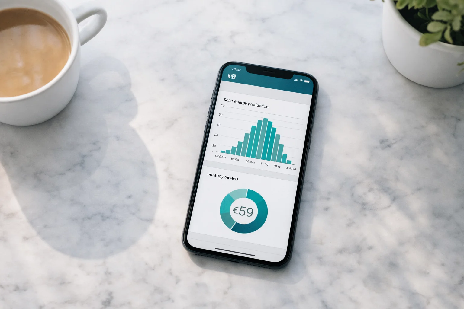 Application smartphone affichant la production solaire et les économies réalisées