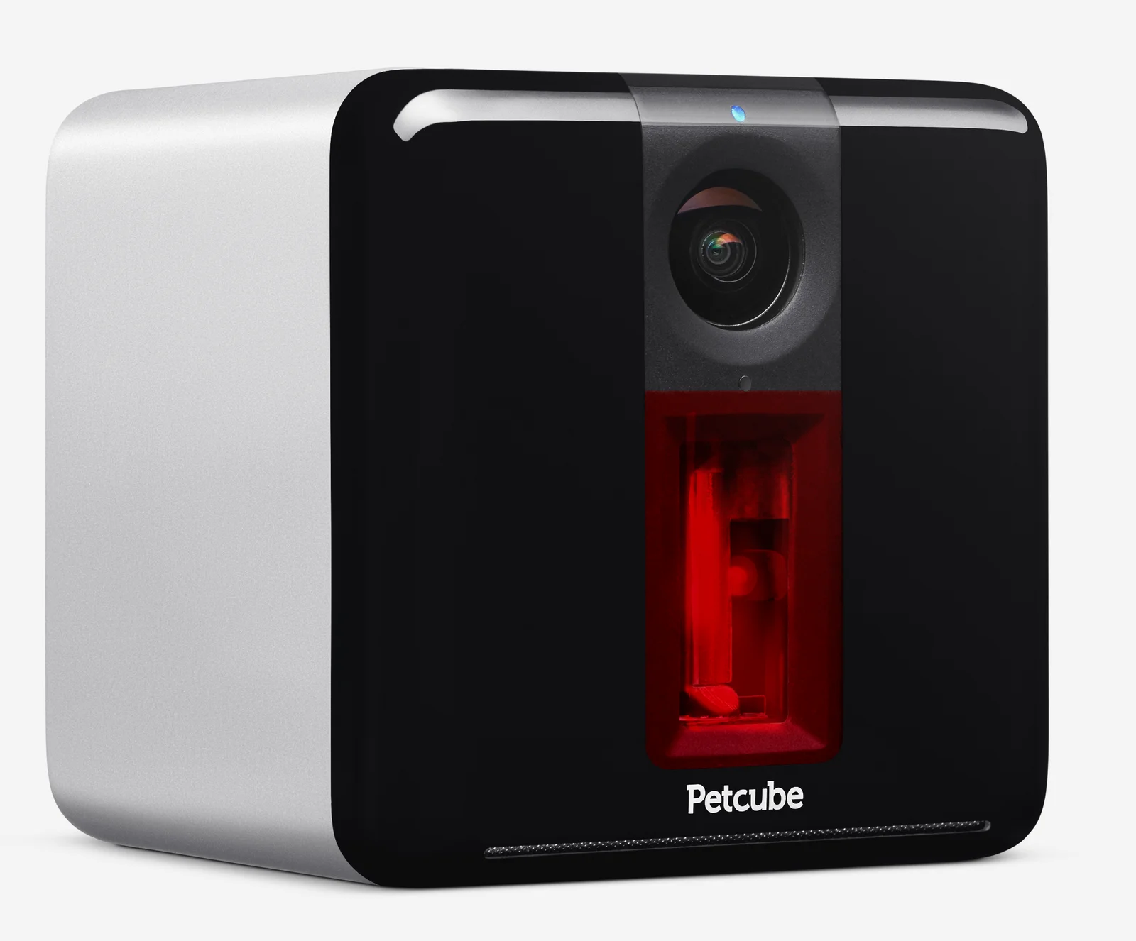 Caméra de surveillance connectée compacte de type Petcube posée sur un meuble