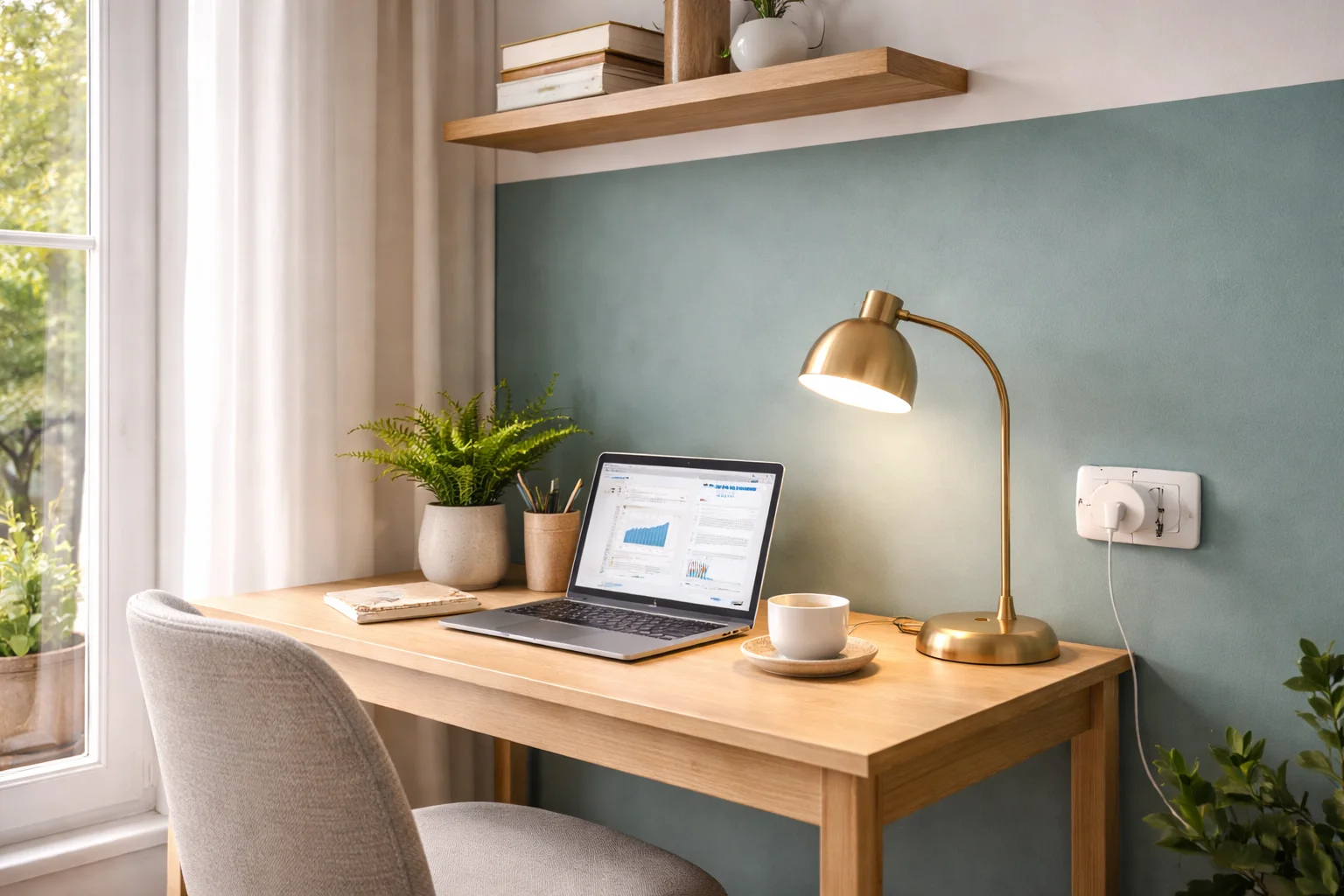 Bureau d'appartement loué avec ampoule connectée et prise connectée