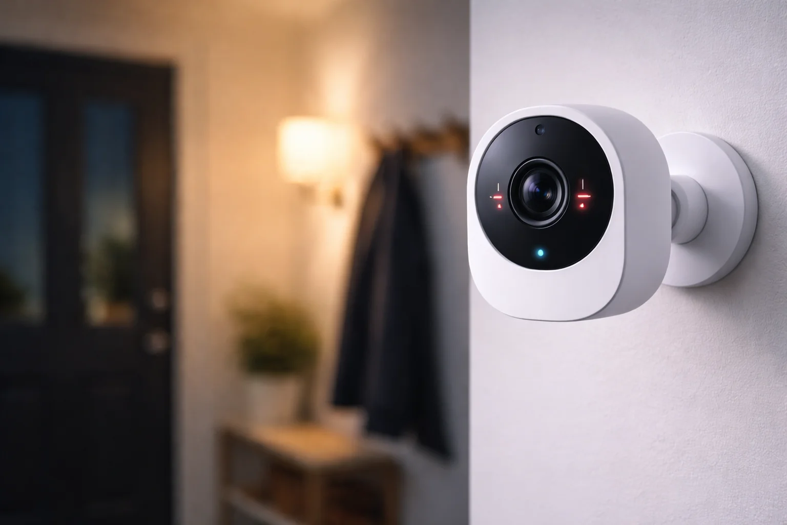 Caméra connectée avec vision nocturne dans un couloir d'entrée la nuit