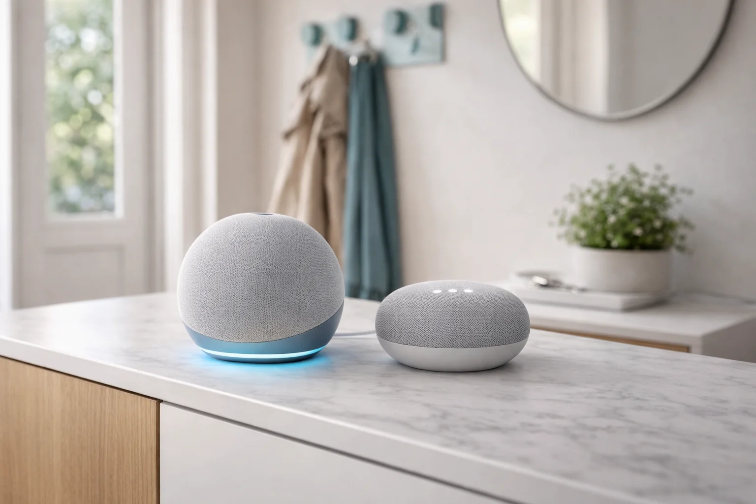 Comparaison Alexa et Google Home côte à côte dans une entrée moderne