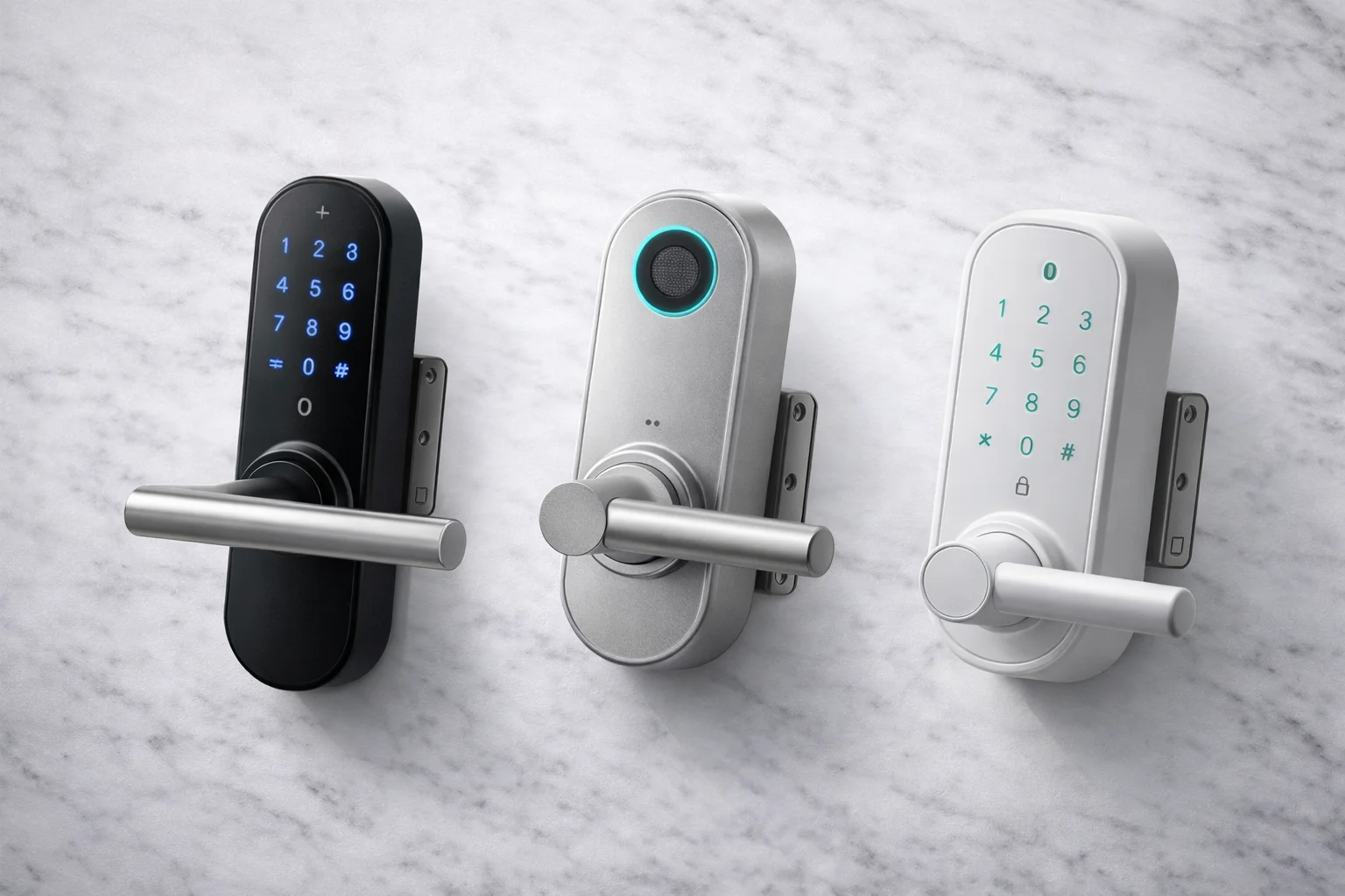 Comparatif de trois modèles de serrures connectées côte à côte sur fond blanc