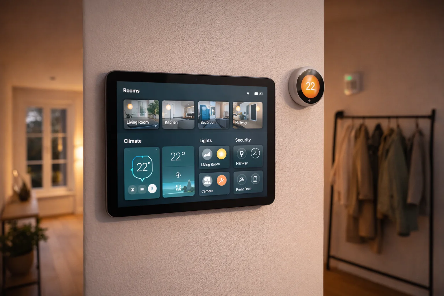 Femme contrôlant sa maison connectée par la voix dans un salon lumineux