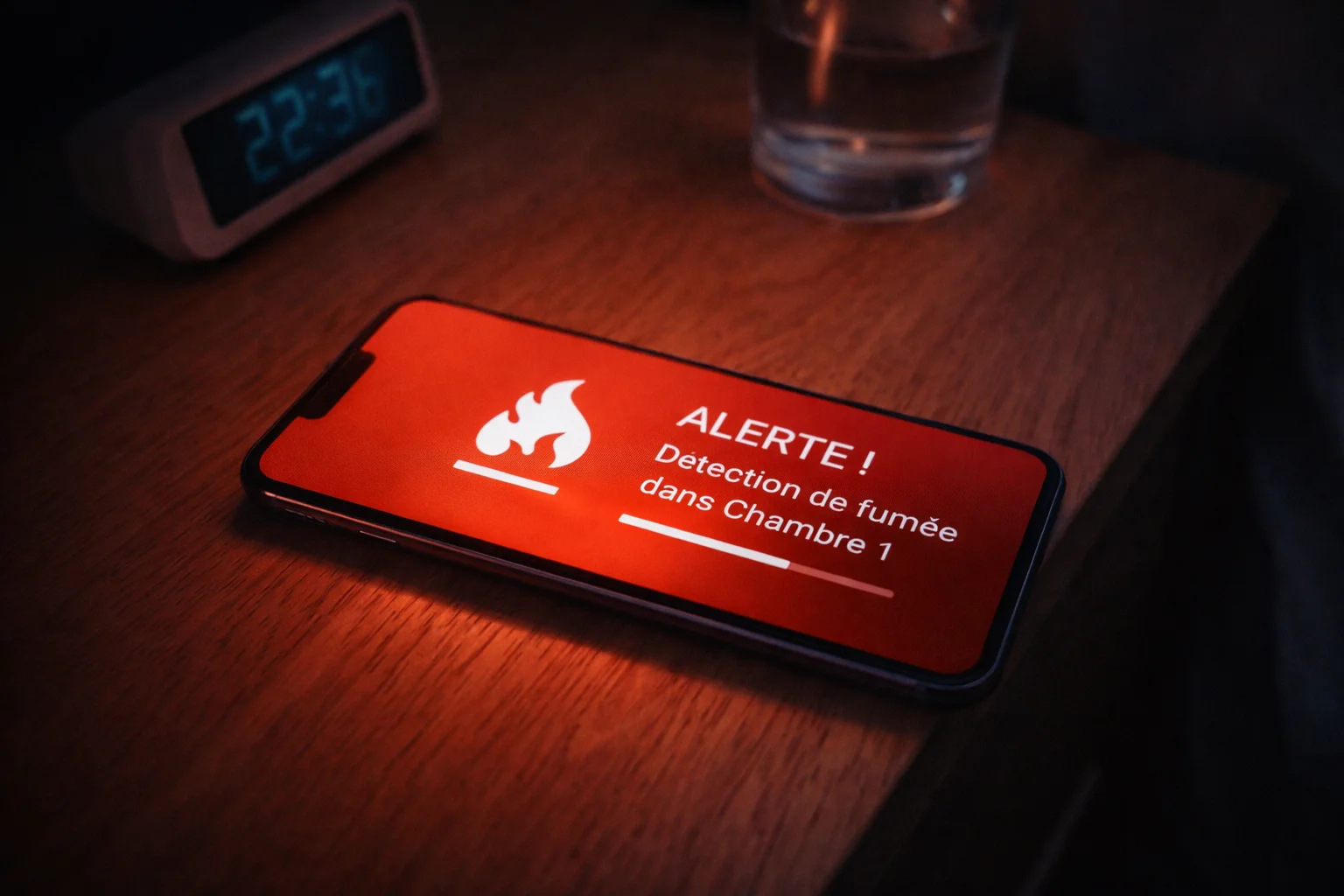 Notification d'alerte fumée sur smartphone posé sur une table de nuit en bois