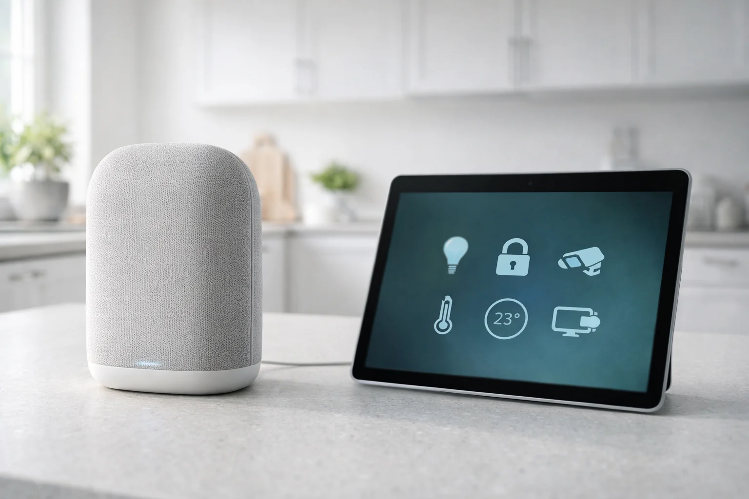 Enceinte connectée pilotant la maison connectée depuis la cuisine