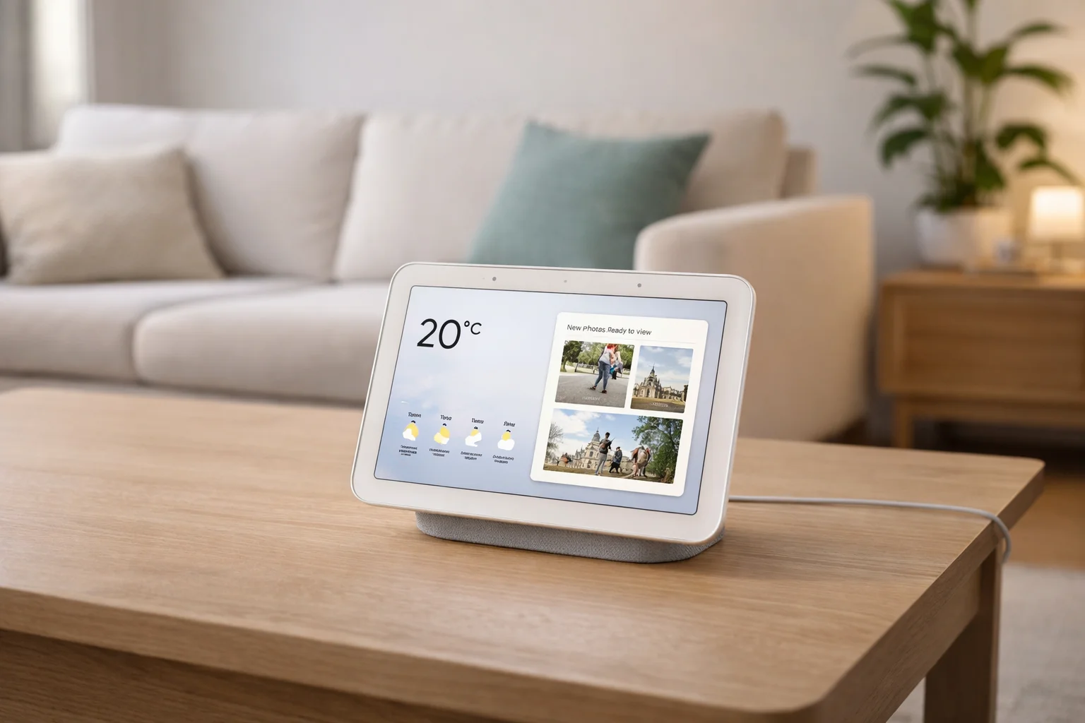 Google Nest Hub posé sur une table basse de salon
