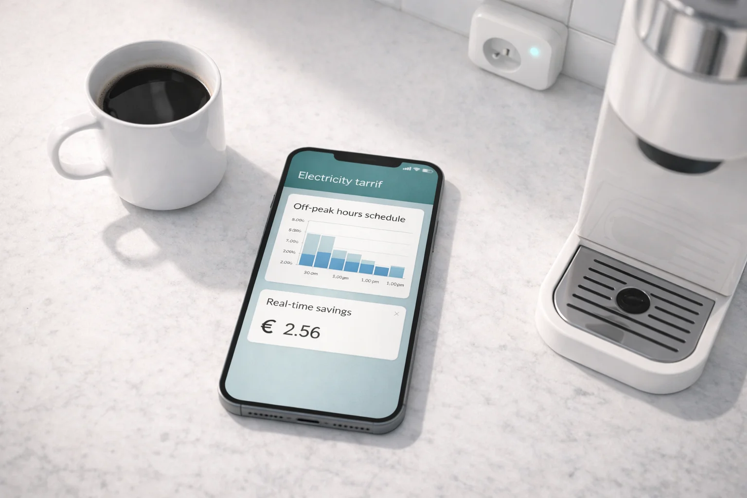 Application heures creuses et économies sur smartphone dans une cuisine moderne