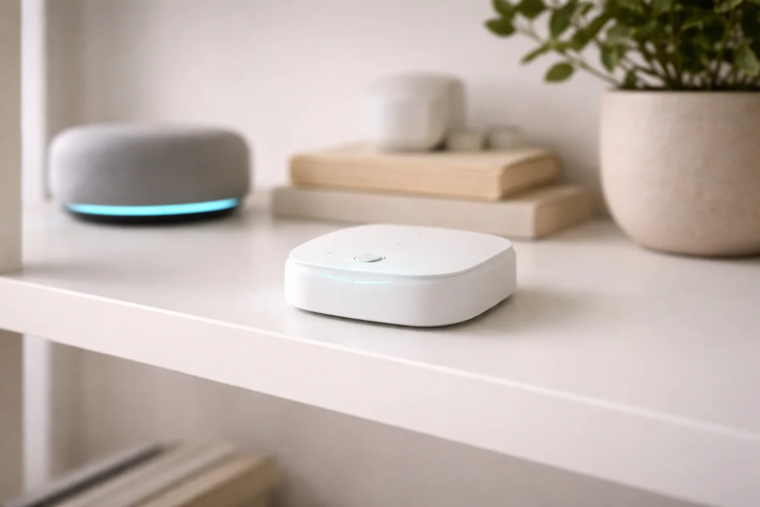Hub domotique Matter posé sur une étagère avec LED teal dans un salon connecté