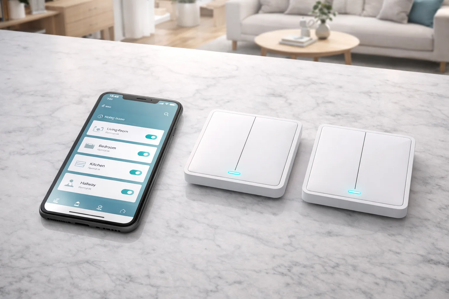 Contrôle des interrupteurs connectés via smartphone dans une maison moderne