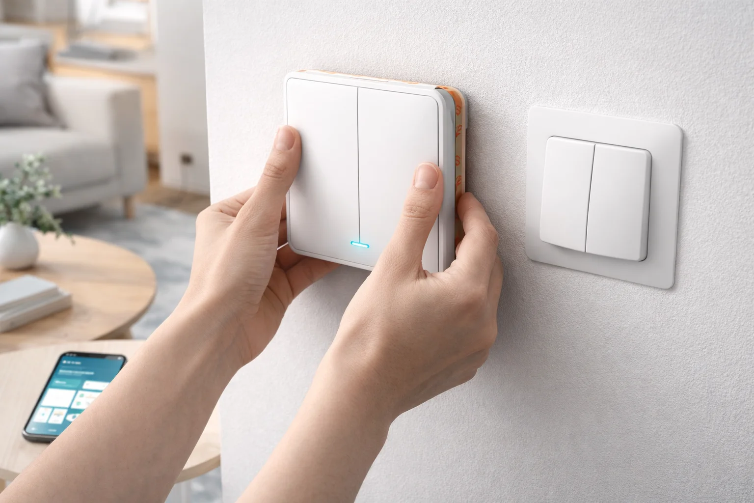 Installation d'un interrupteur connecté sans fil sur un mur blanc