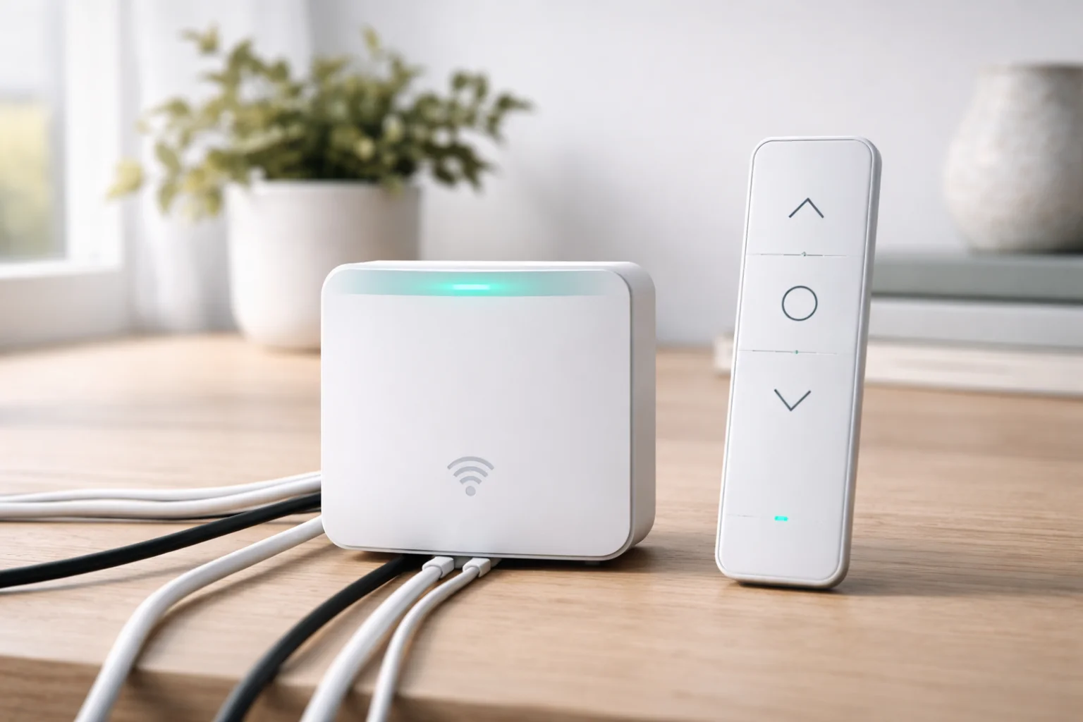 Module connecté et télécommande pour store motorisé posés sur une surface en bois clair