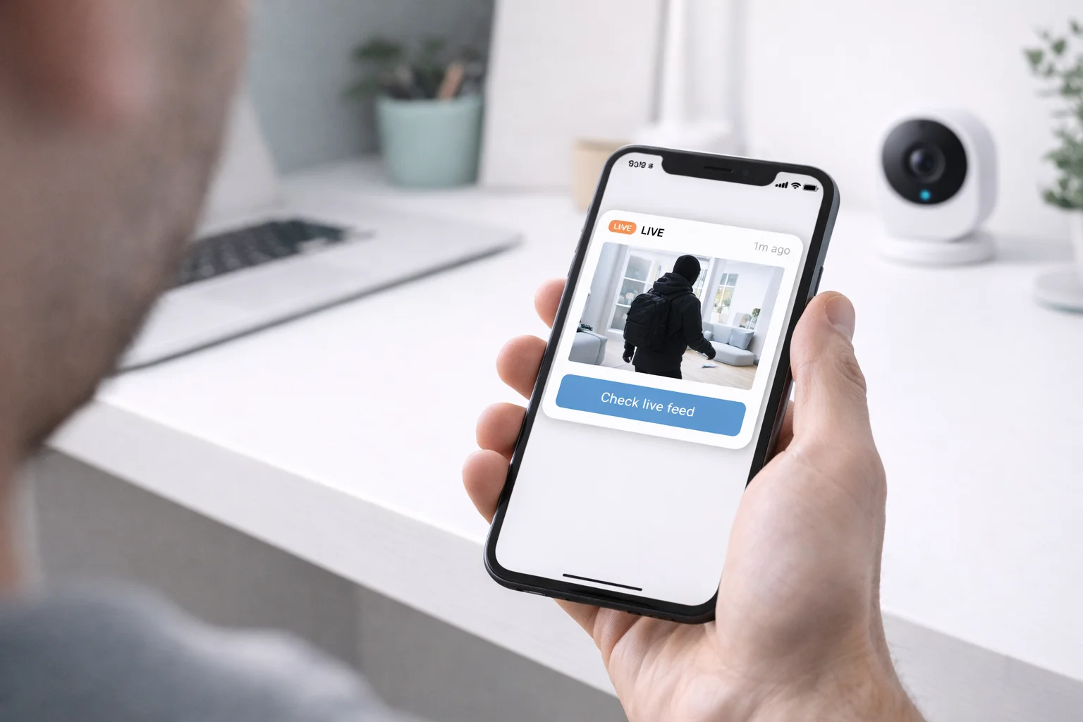 Notification d'alerte caméra intérieure sur smartphone dans un bureau minimaliste