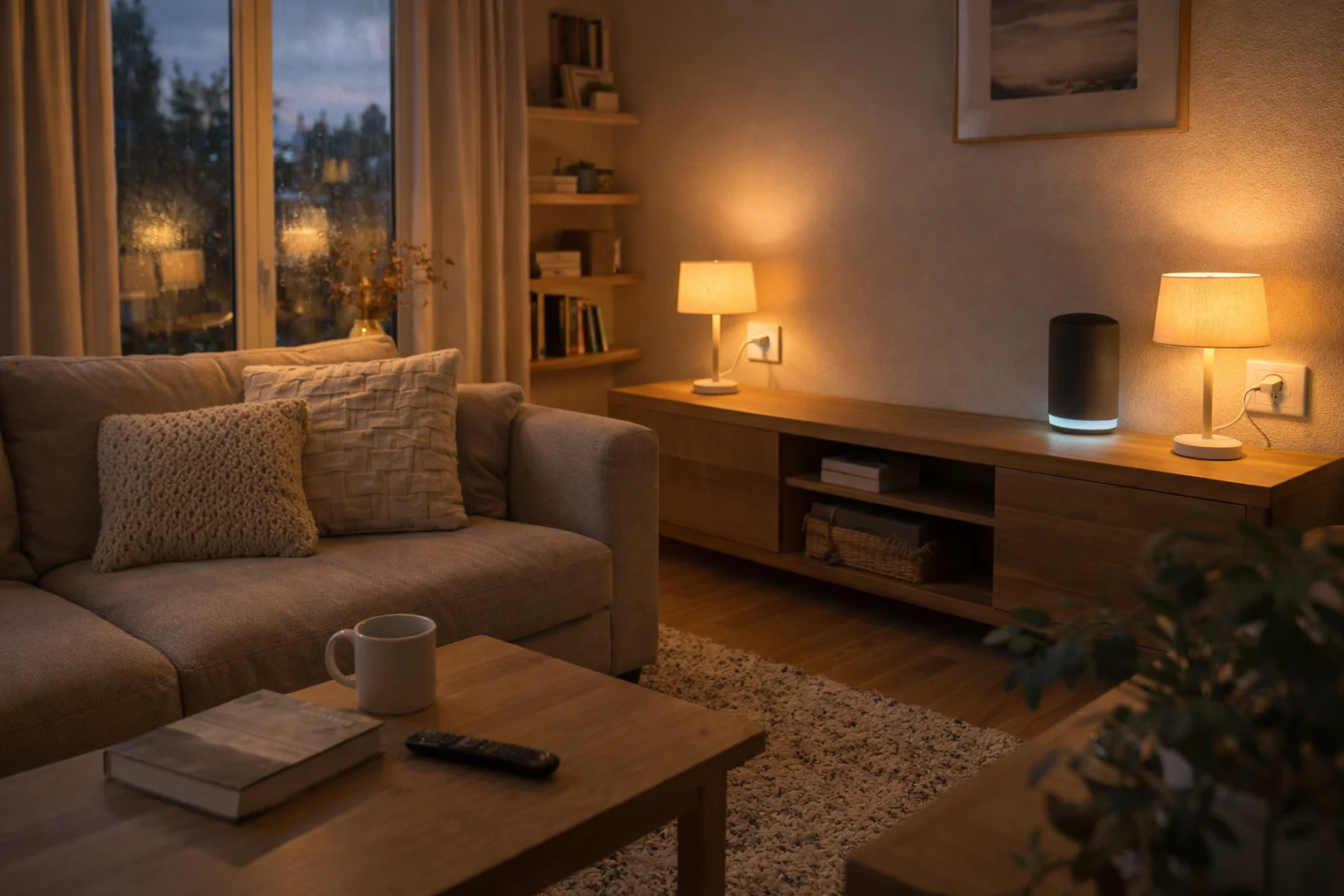Salon connecté avec prises intelligentes et assistant vocal allumé automatiquement