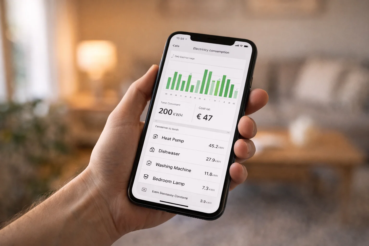 Tableau de bord suivi consommation électrique sur smartphone