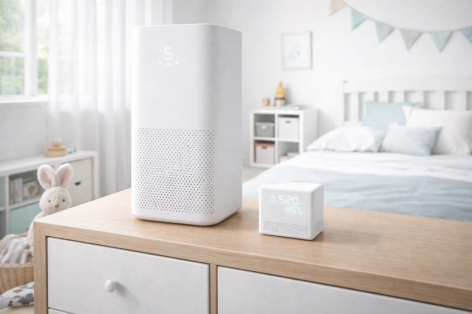 Purificateur d'air et capteur connecté dans une chambre d'enfant lumineuse