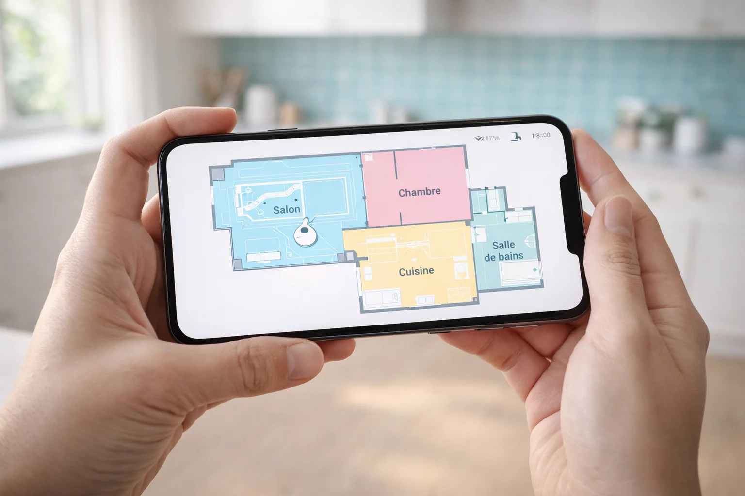 Application smartphone affichant la cartographie d'un appartement avec le robot en action
