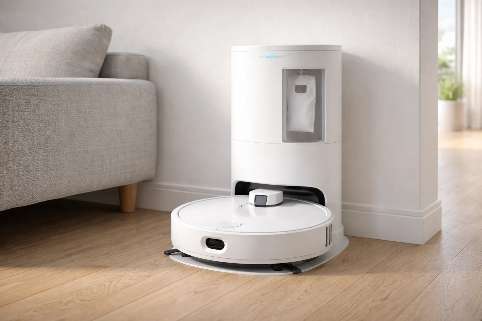 Robot aspirateur blanc dans sa station de vidage automatique cylindrique