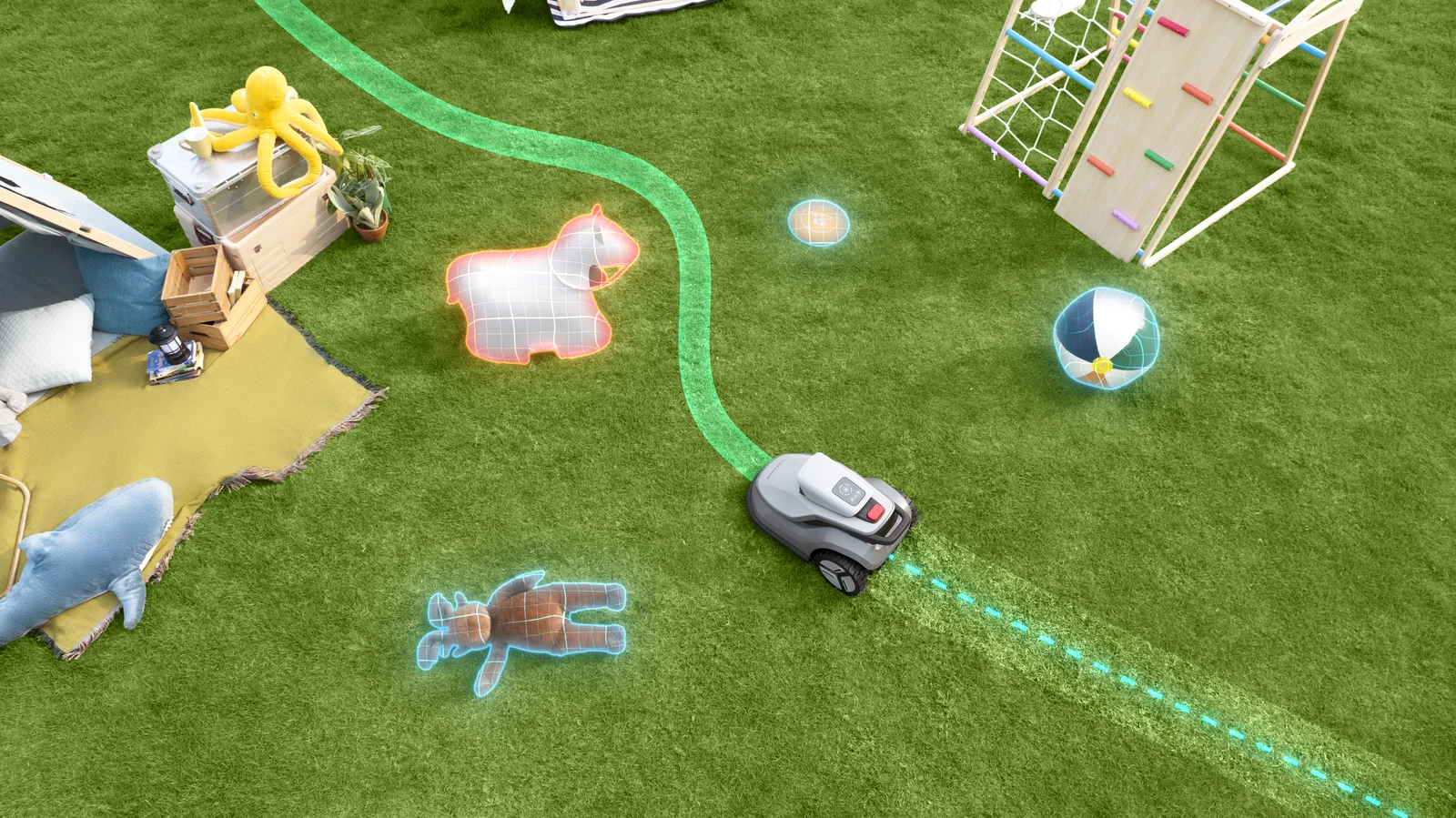 Illustration montrant la détection d'obstacles par intelligence artificielle du robot TerraMow, avec des jouets et objets identifiés par un système de vision