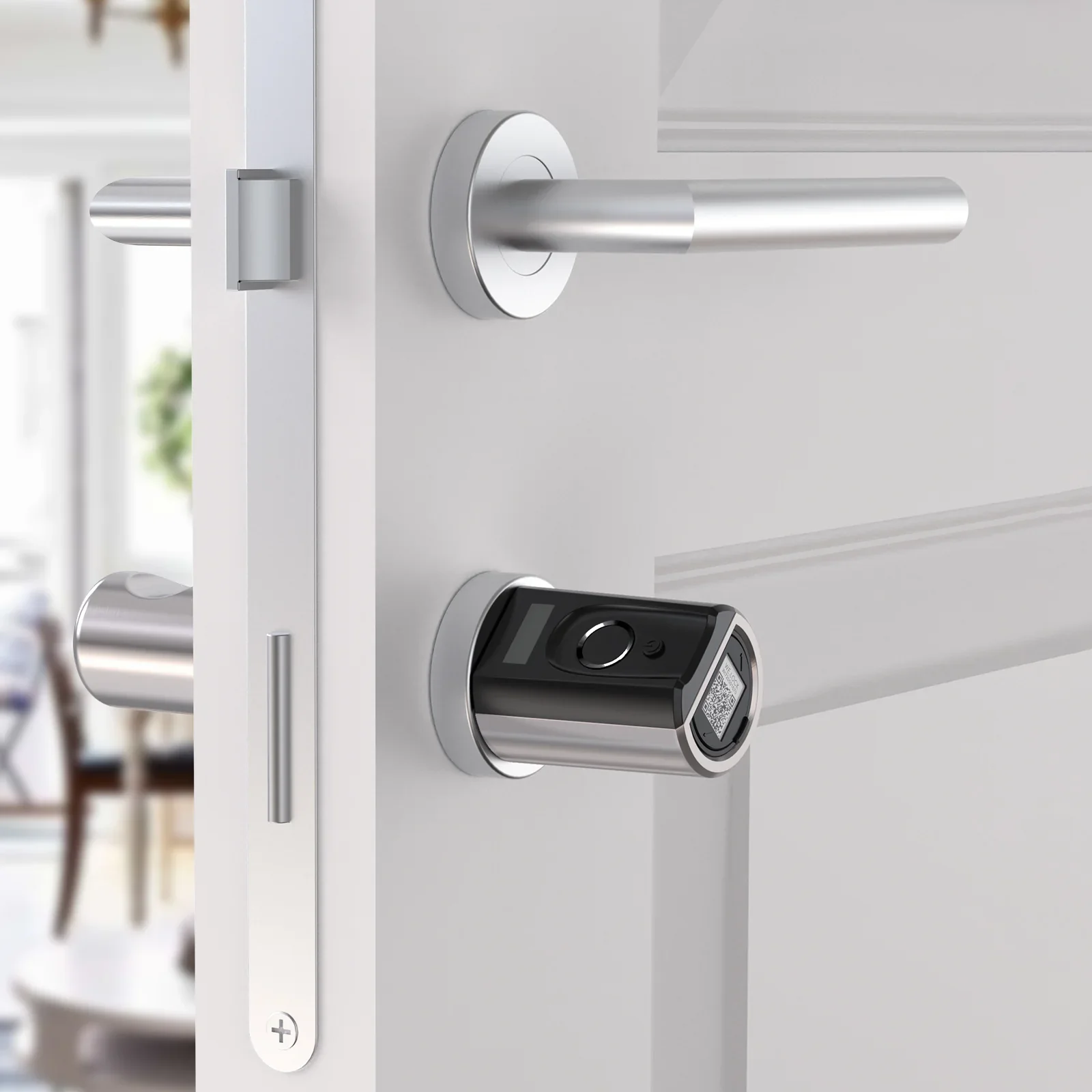 Installation d'une serrure biométrique à empreinte digitale sur une porte blanche