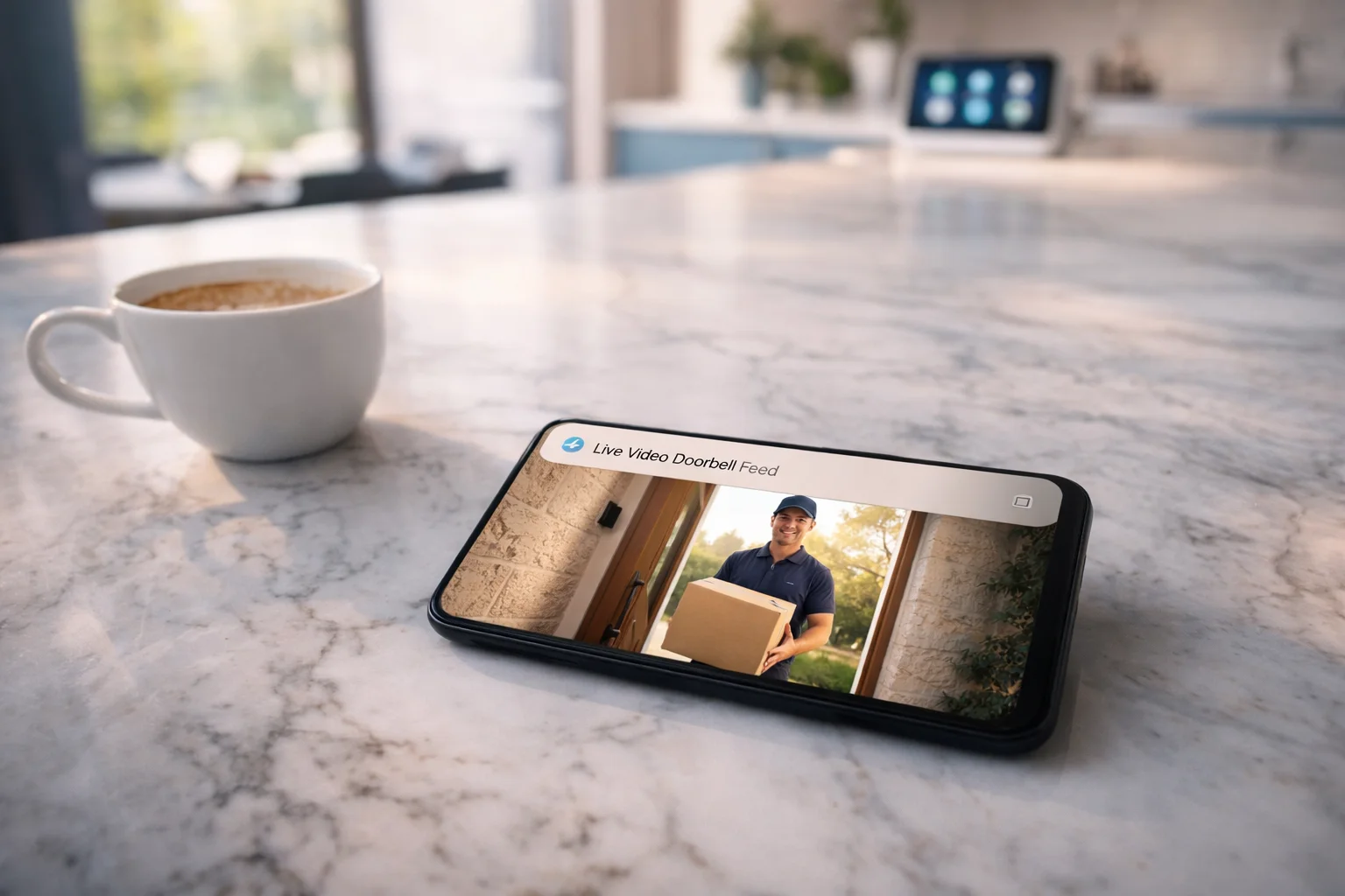 Notification d'alerte sonnette vidéo sur smartphone avec vue du livreur