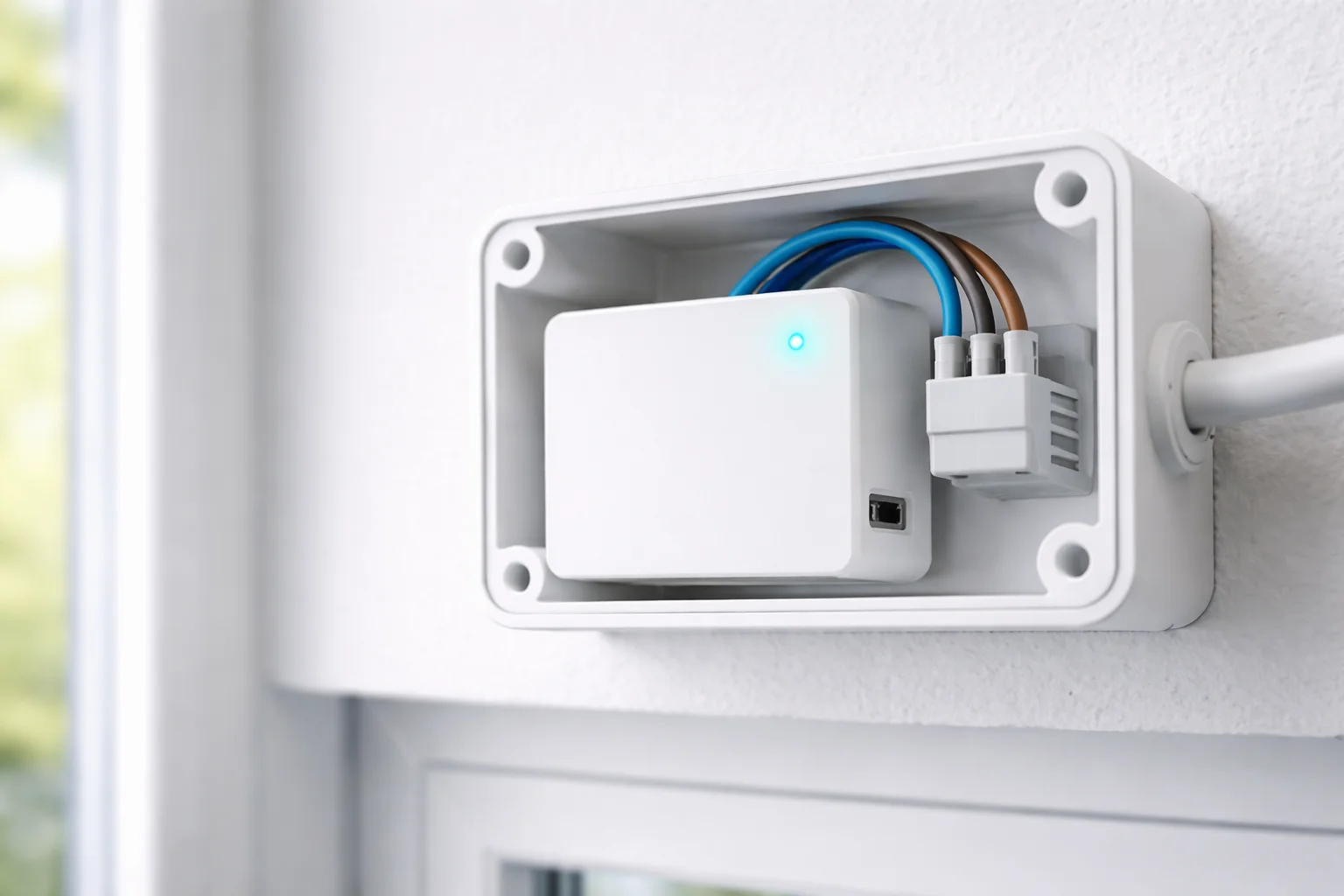 Module connecté installé dans un boîtier électrique de commande de volet