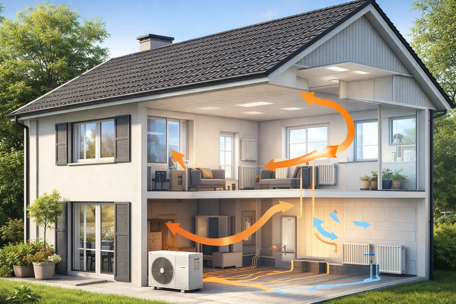 Maison individuelle avec une vue en coupe réaliste montrant le transfert de chaleur entre l’extérieur et l’intérieur du logement, depuis l’unité extérieure jusqu’aux émetteurs de chaleur intérieurs.